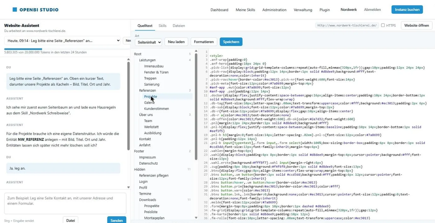 Der Website-Assistent von openbi Studio: links das Gespräch, rechts der Seitenbaum und der Quelltext der gewählten Seite.