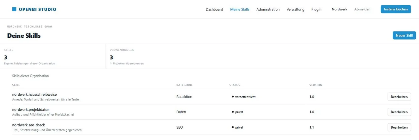 Übersicht eigener Skills mit Kategorie, Status und Version.